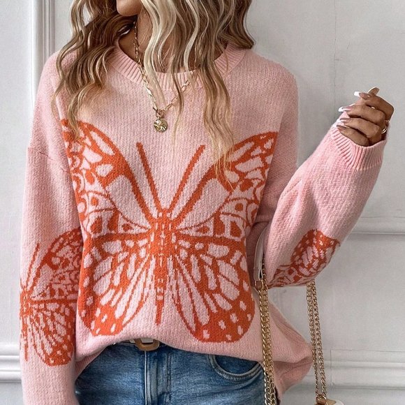 Pink Casual Womens Butterfly Pattern Drop Shoulder Sweater - Picture 5 of 5
